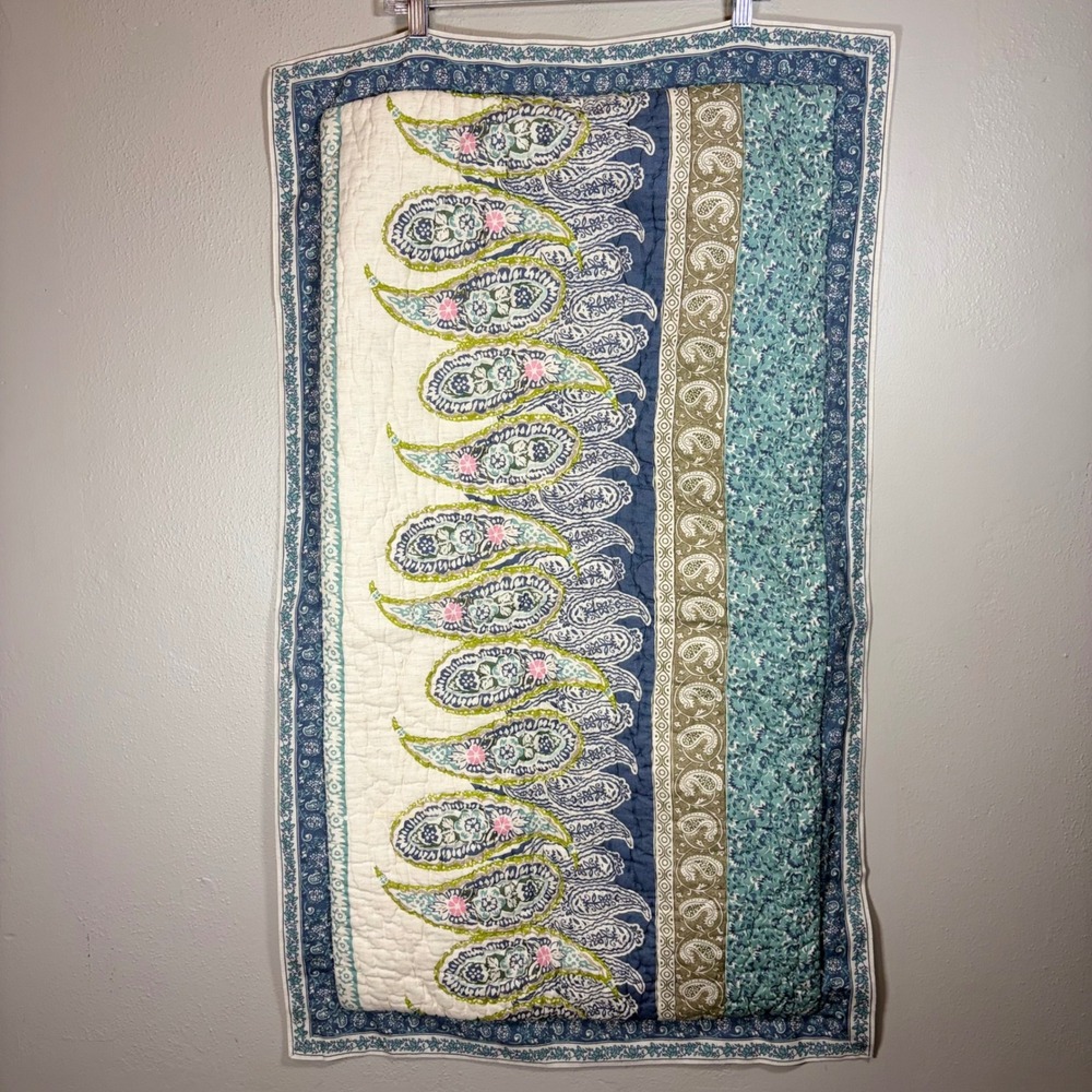 Soft Surroundings King Sham Set 2 Blue Paisley Cotton Linen Quilted Zippered